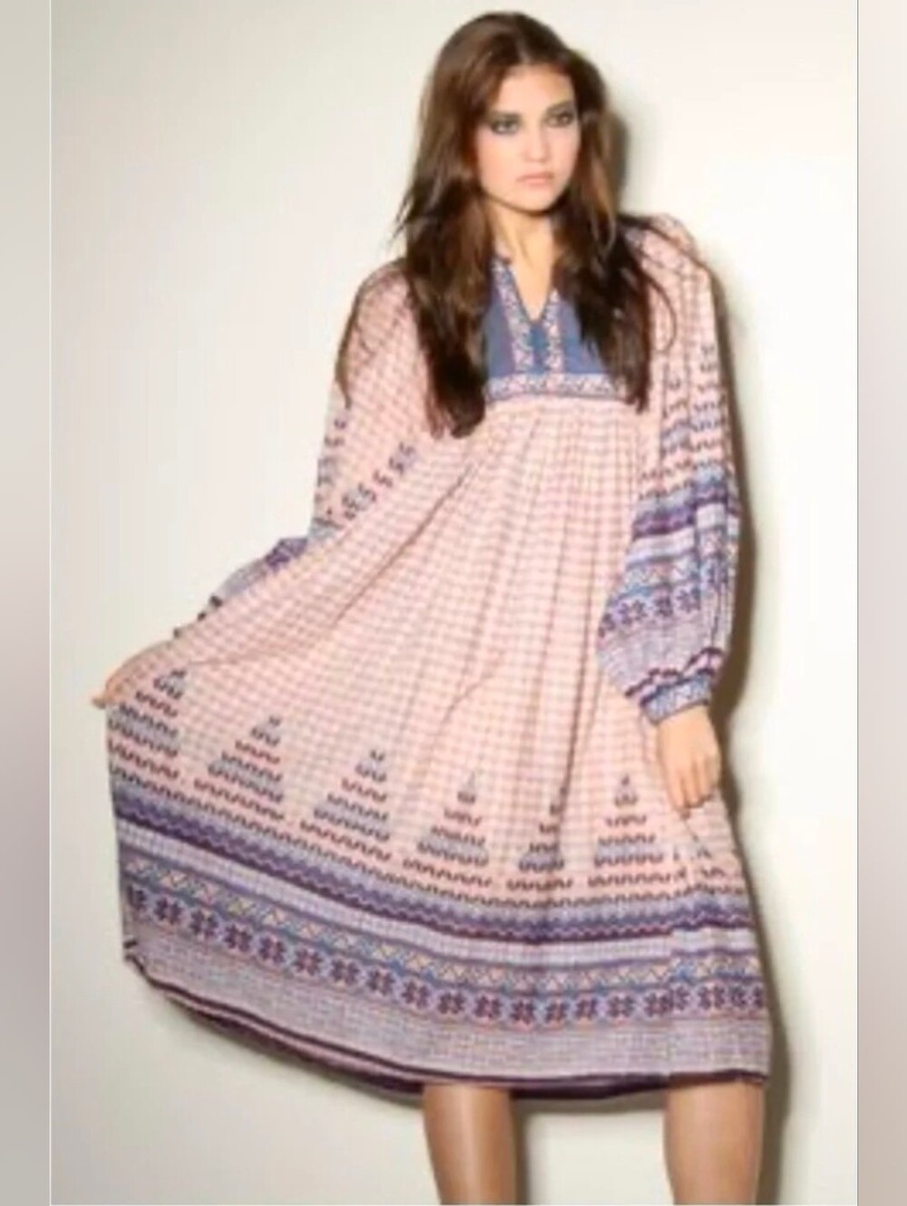 70s Kaiser Gauze Dress, Vintage Block Print Middle Eastern, Balloon Sleeve